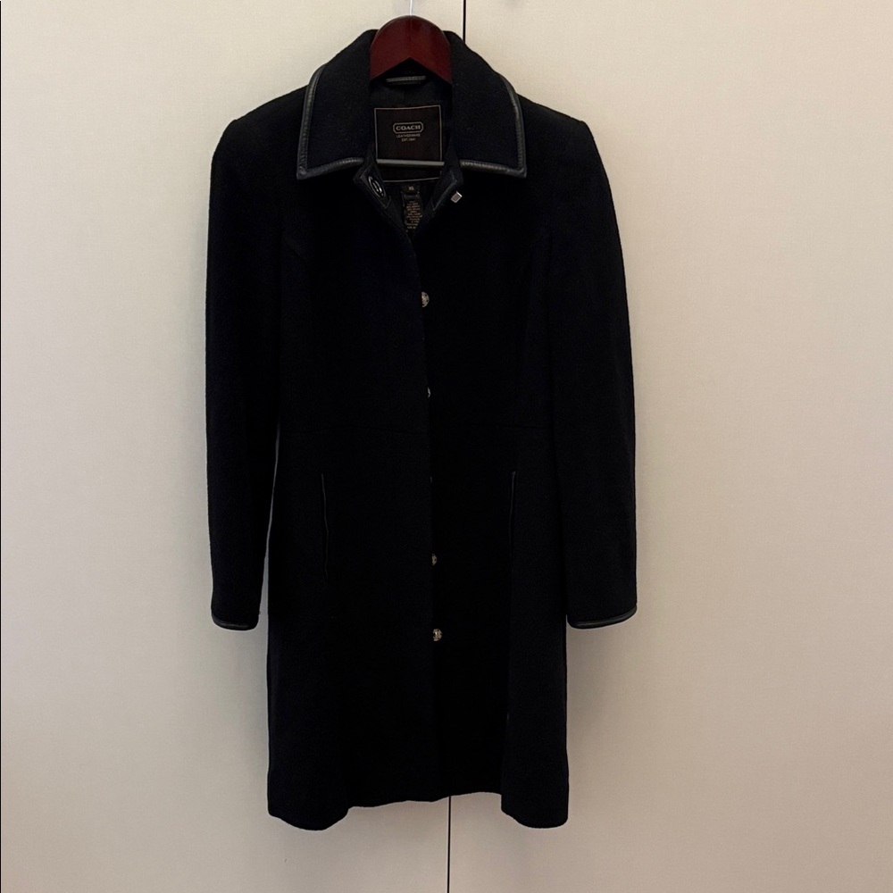 Coach Black Wool-Blend Single-Breasted Trench Coat with Leather Trim